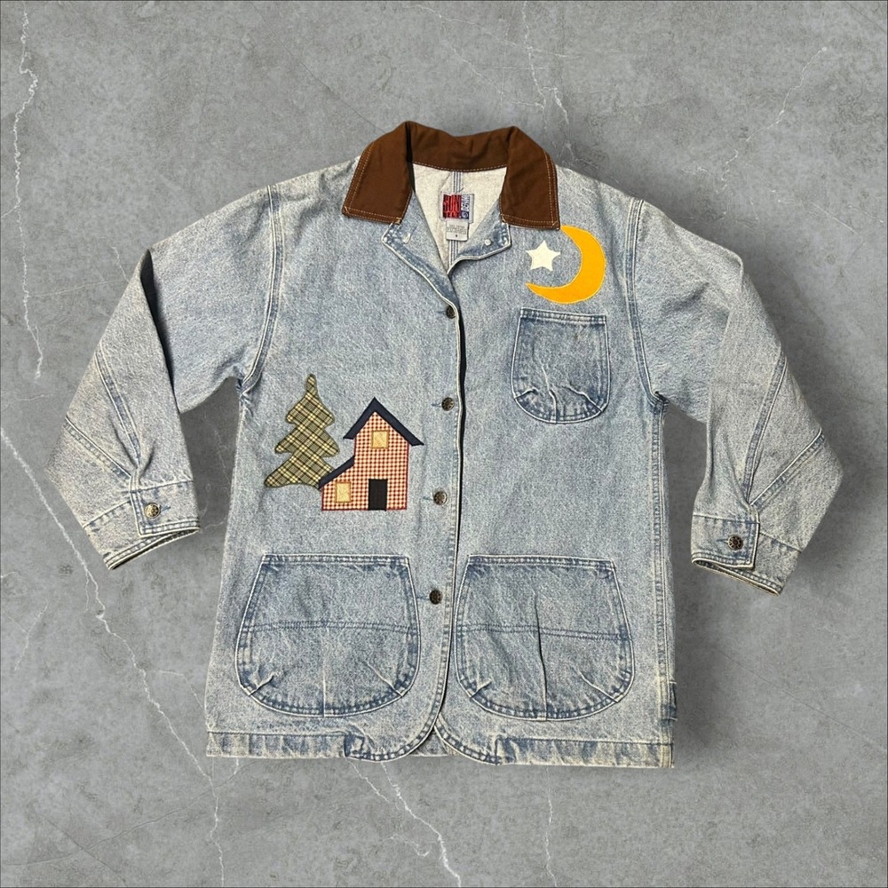 Sun Belt Denim Chore Coat Womens Small Blue Farmhouse Celestial Applique Jacket
